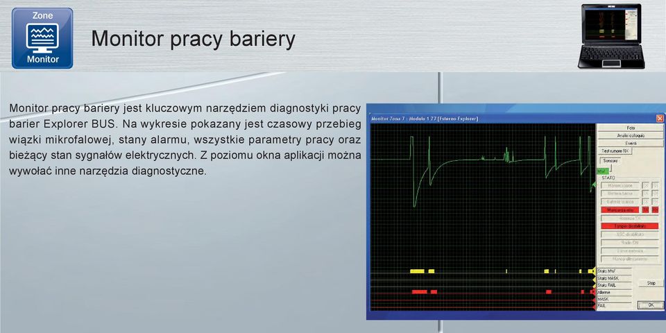 Na wykresie pokazany jest czasowy przebieg wiązki mikrofalowej, stany alarmu,