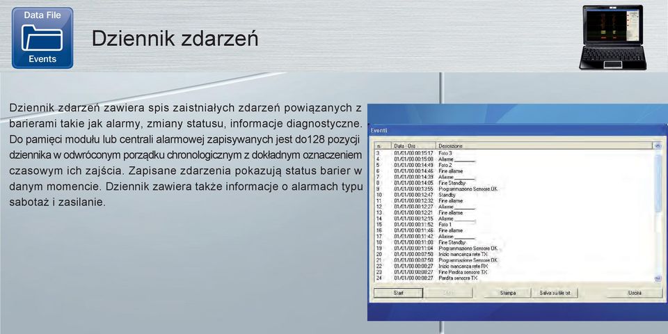 Do pamięci modułu lub centrali alarmowej zapisywanych jest do128 pozycji dziennika w odwróconym porządku