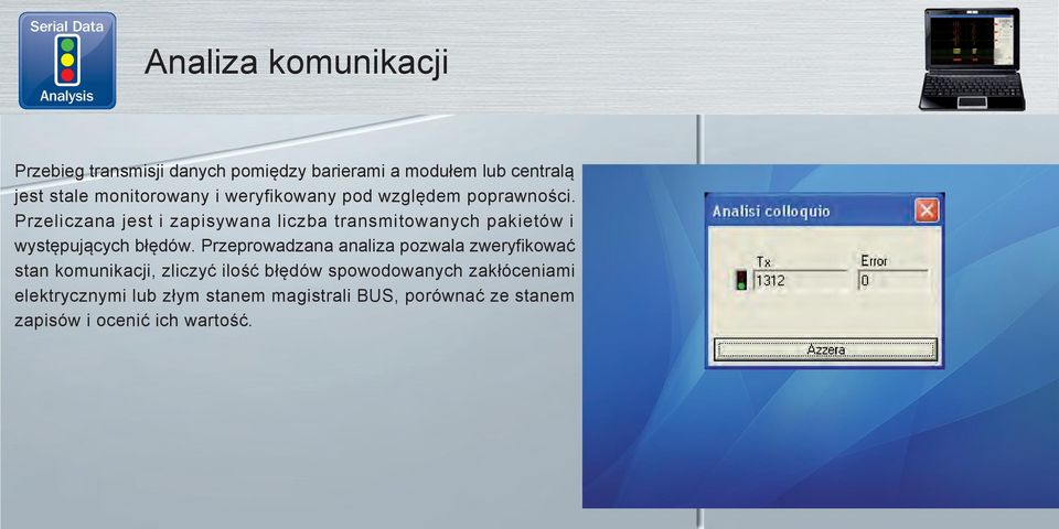 Przeliczana jest i zapisywana liczba transmitowanych pakietów i występujących błędów.