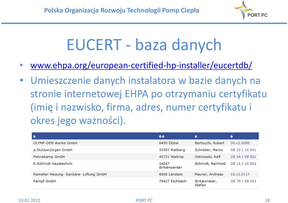 instalatora w bazie danych na stronie internetowej EHPA po
