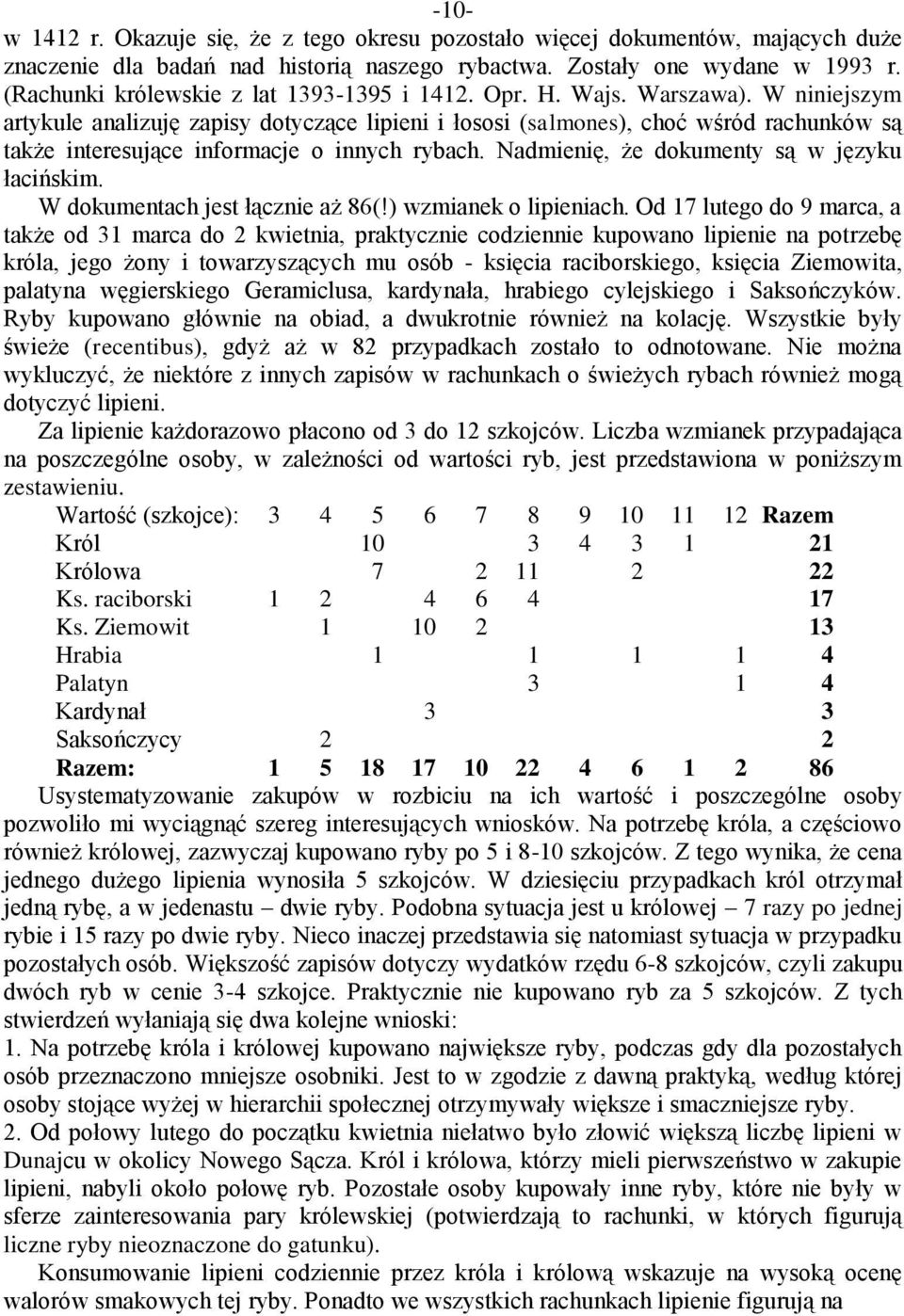 W niniejszym artykule analizuję zapisy dotyczące lipieni i łososi (salmones), choć wśród rachunków są także interesujące informacje o innych rybach. Nadmienię, że dokumenty są w języku łacińskim.
