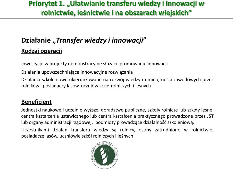 innowacji Działania upowszechniające innowacyjne rozwiązania Działania szkoleniowe ukierunkowane na rozwój wiedzy i umiejętności zawodowych przez rolników i posiadaczy lasów, uczniów szkół rolniczych