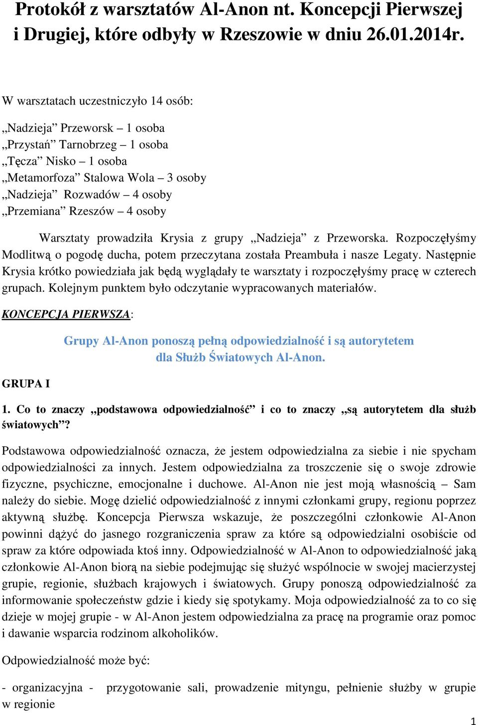 Protokół z warsztatów Al-Anon nt. Koncepcji Pierwszej i Drugiej, które  odbyły w Rzeszowie w dniu r. - PDF Darmowe pobieranie