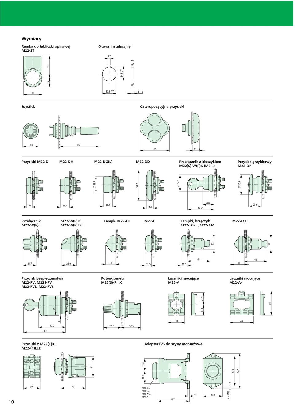.. Lampki M22-LH M22-L Lampki, brzęczyk M22-LCH... M22-W(R)... M22-W(R)LK... M22-LC-..., M22-AM 23.7 26.9 18 11.