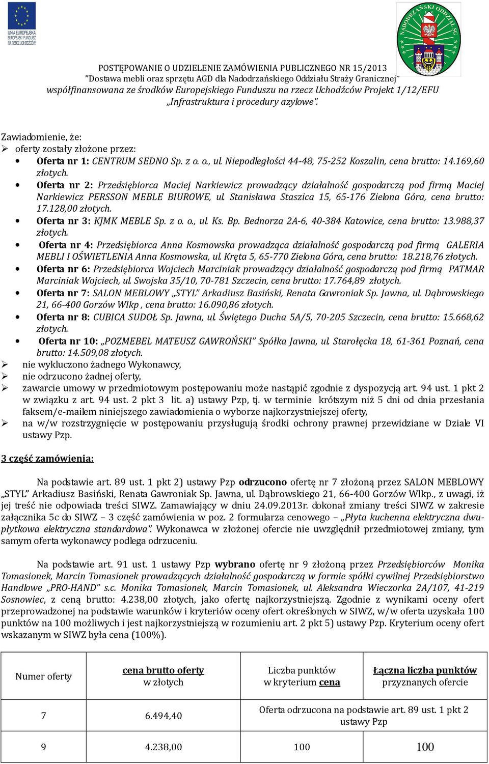 Stanisława Staszica 15, 65-176 Zielona Góra, cena brutto: 17.128,00 Oferta nr 3: KJMK MEBLE Sp. z o. o., ul. Ks. Bp. Bednorza 2A-6, 40-384 Katowice, cena brutto: 13.