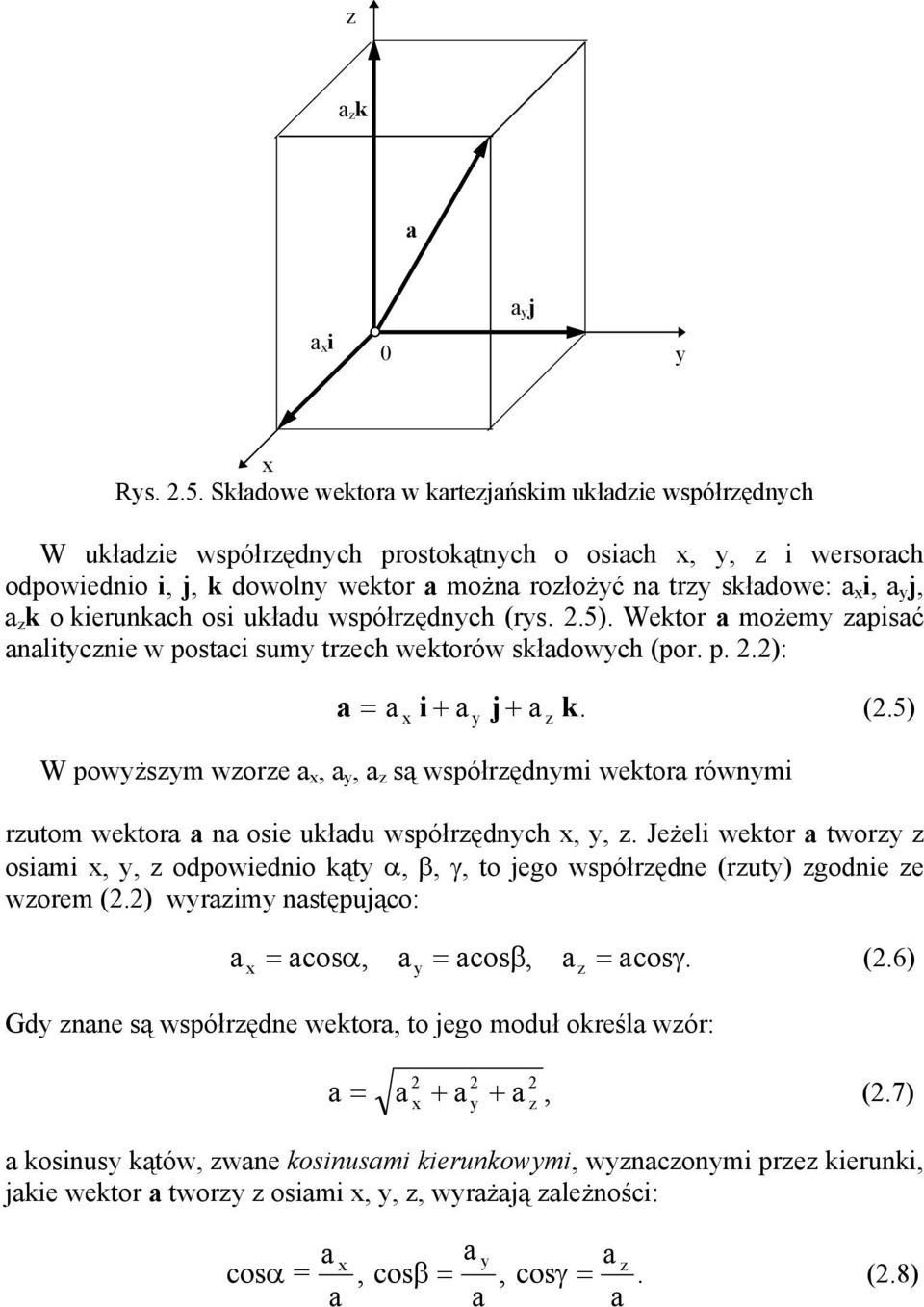 współrędnch (rs. 2.5). Wektor możem pisć nlitcnie w postci sum trech wektorów skłdowch (por. p. 2.2): = i+ j+ k. (2.