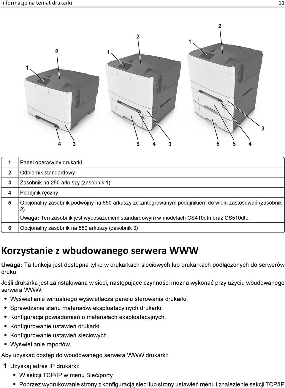 6 Opcjonalny zasobnik na 550 arkuszy (zasobnik 3) Korzystanie z wbudowanego serwera WWW Uwaga: Ta funkcja jest dostępna tylko w drukarkach sieciowych lub drukarkach podłączonych do serwerów druku.