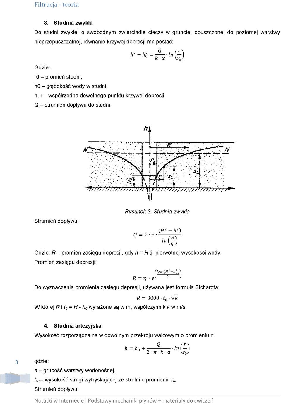 Studnia zwyła = π (H h ) ln R r Gdzie: R promień zasięgu depresji, gdy h = H tj. pierwotnej wysoości wody.