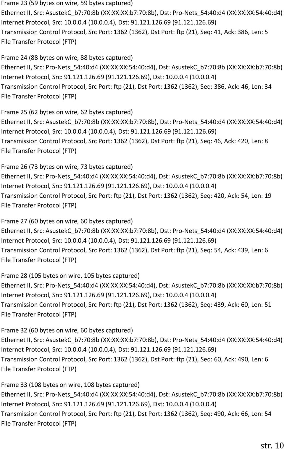 (1362), Dst Port: ftp (21), Seq: 46, Ack: 420, Len: 8 Frame 26 (73 bytes on wire, 73 bytes captured) Transmission Control Protocol, Src Port: ftp (21), Dst Port: 1362 (1362), Seq: 420, Ack: 54, Len: