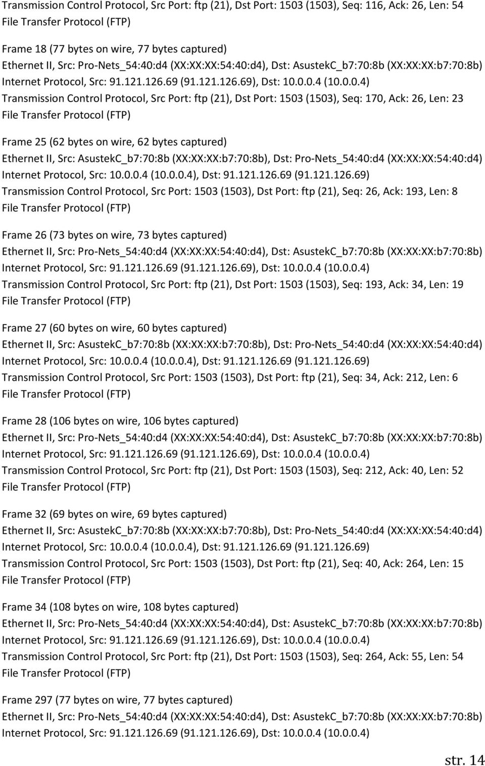 Frame 26 (73 bytes on wire, 73 bytes captured) Transmission Control Protocol, Src Port: ftp (21), Dst Port: 1503 (1503), Seq: 193, Ack: 34, Len: 19 Frame 27 (60 bytes on wire, 60 bytes captured)