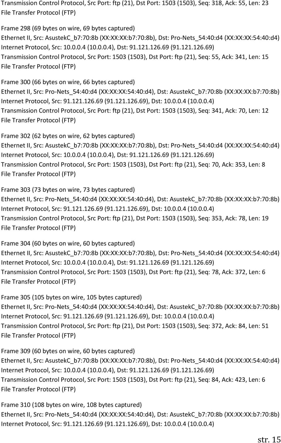 Len: 12 Frame 302 (62 bytes on wire, 62 bytes captured) Transmission Control Protocol, Src Port: 1503 (1503), Dst Port: ftp (21), Seq: 70, Ack: 353, Len: 8 Frame 303 (73 bytes on wire, 73 bytes