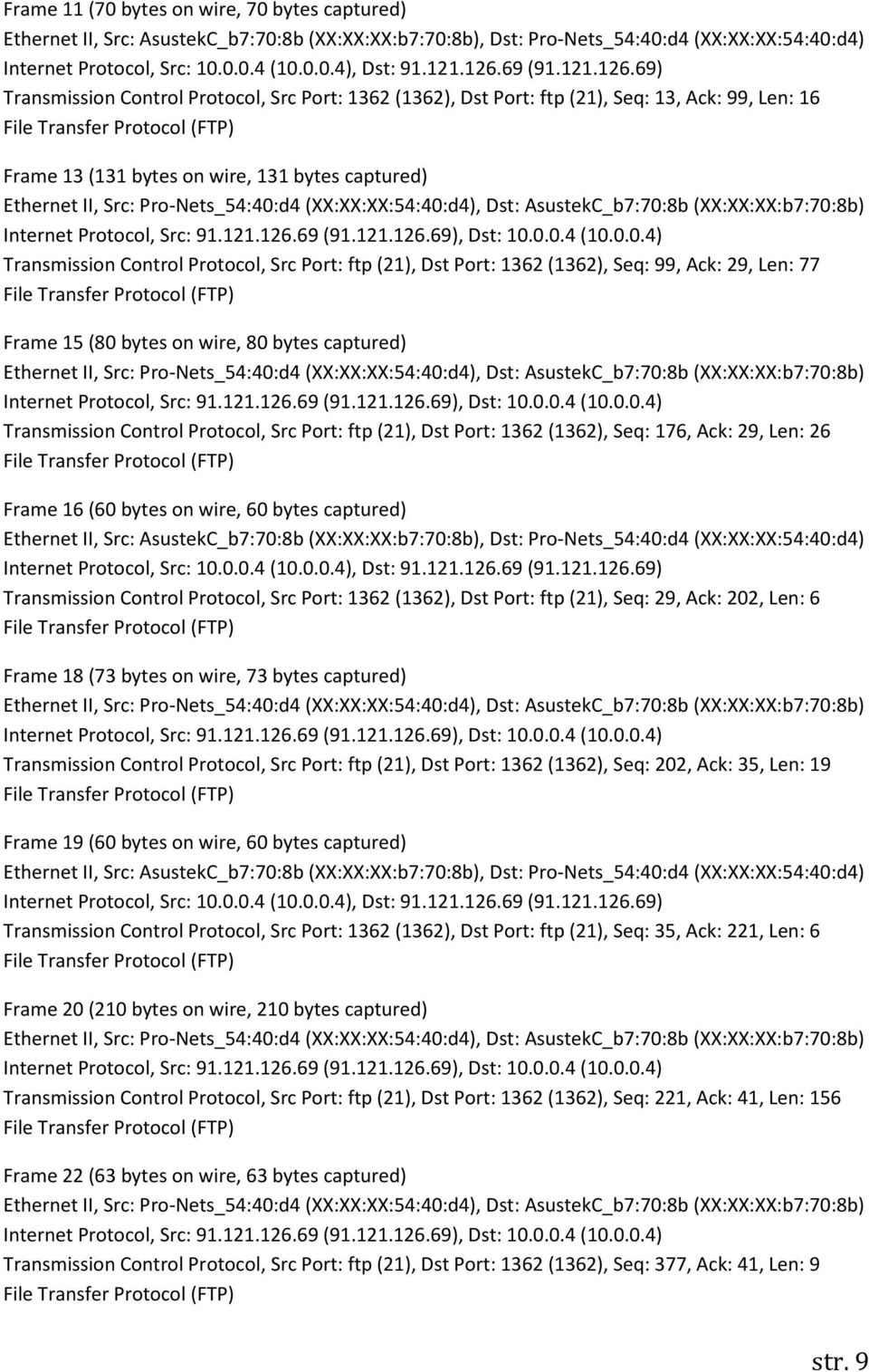 Dst Port: 1362 (1362), Seq: 176, Ack: 29, Len: 26 Frame 16 (60 bytes on wire, 60 bytes captured) Transmission Control Protocol, Src Port: 1362 (1362), Dst Port: ftp (21), Seq: 29, Ack: 202, Len: 6