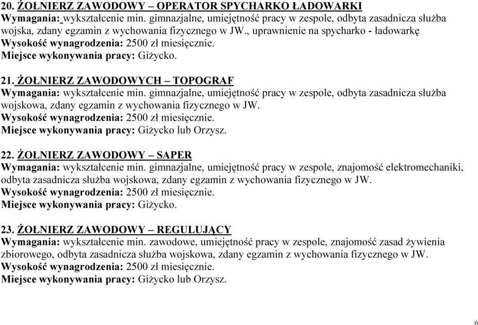 ŻOŁNIERZ ZAWODOWY SAPER Wymagania: wykształcenie min.