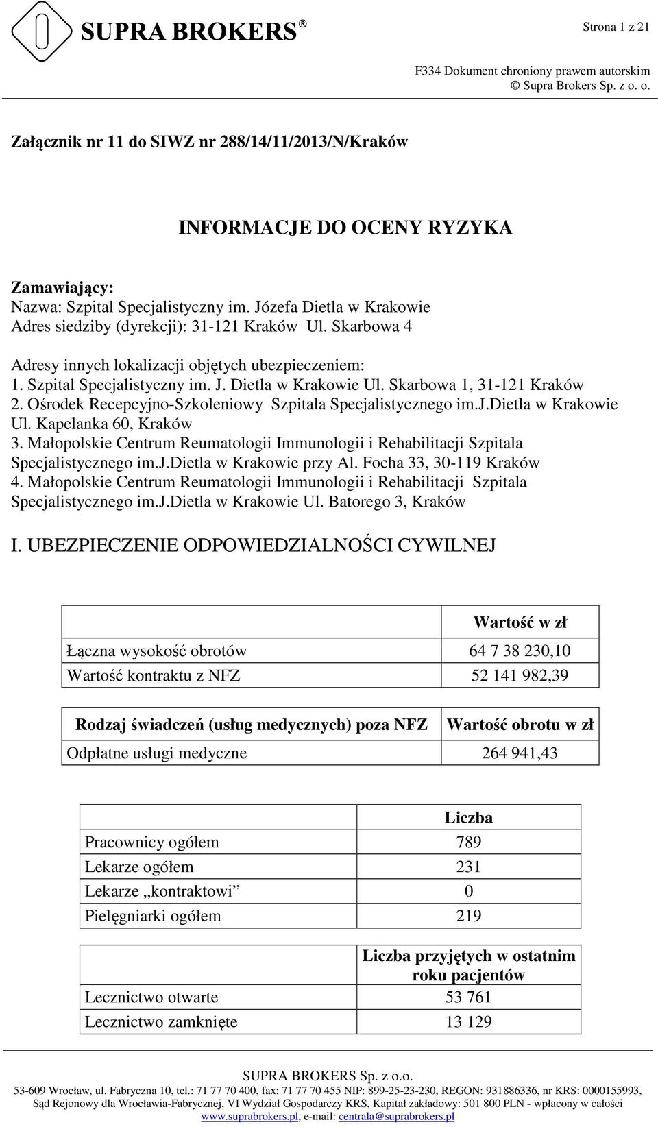 Skarbowa 1, 31-121 Kraków 2. Ośrodek Recepcyjno-Szkoleniowy Szpitala Specjalistycznego im.j.dietla w Krakowie Ul. Kapelanka 60, Kraków 3.