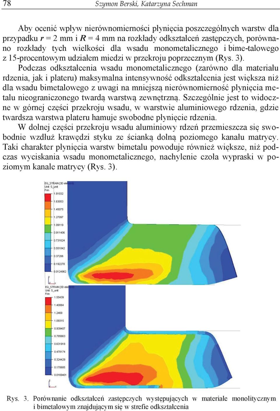 Podczas odkształcenia wsadu monometalicznego (zarówno dla materiału rdzenia, jak i plateru) maksymalna intensywność odkształcenia jest większa niż dla wsadu bimetalowego z uwagi na mniejszą