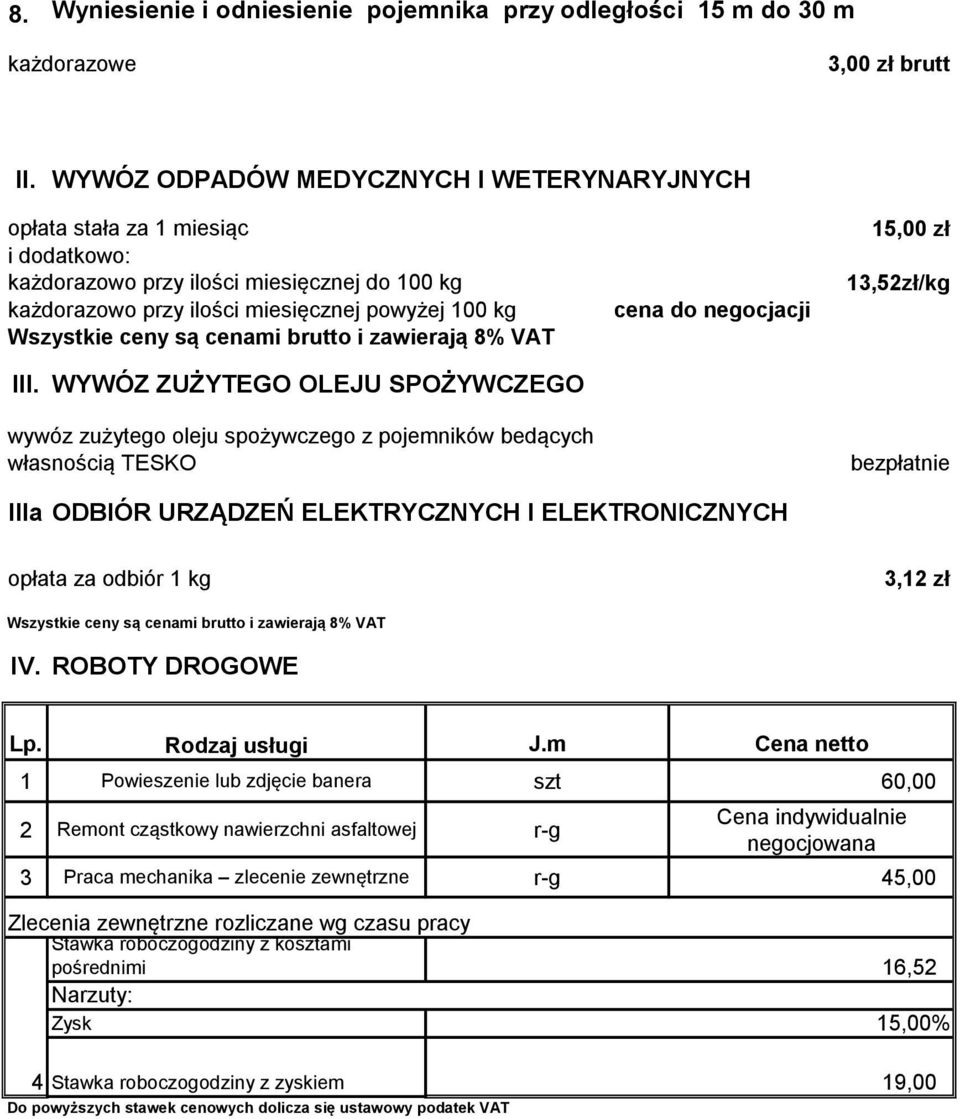 15,00 zł 13,52zł/kg III. WYWÓZ ZUŻYTEGO OLEJU SPOŻYWCZEGO wywóz zużytego oleju spożywczego z pojemników bedących własnością TESKO IIIa.