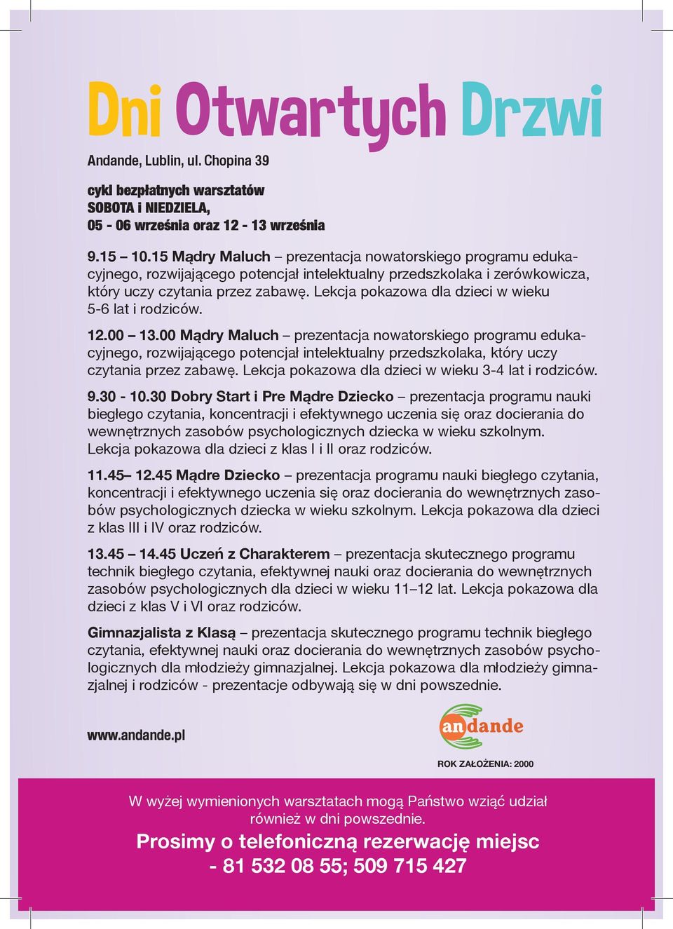 Lekcja pokazowa dla dzieci w wieku 5-6 lat i rodziców. 12.00 13.