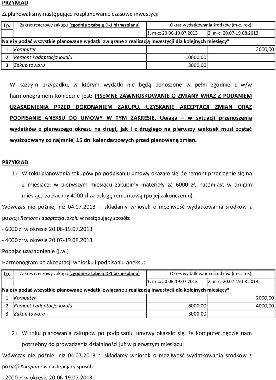 2013 Należy podać wszystkie planowane wydatki związane z realizacją inwestycji dla kolejnych miesięcy* 1 Komputer 2000,00 2 Remont i adaptacja lokalu 10000,00 3 Zakup towaru 3000,00 W każdym