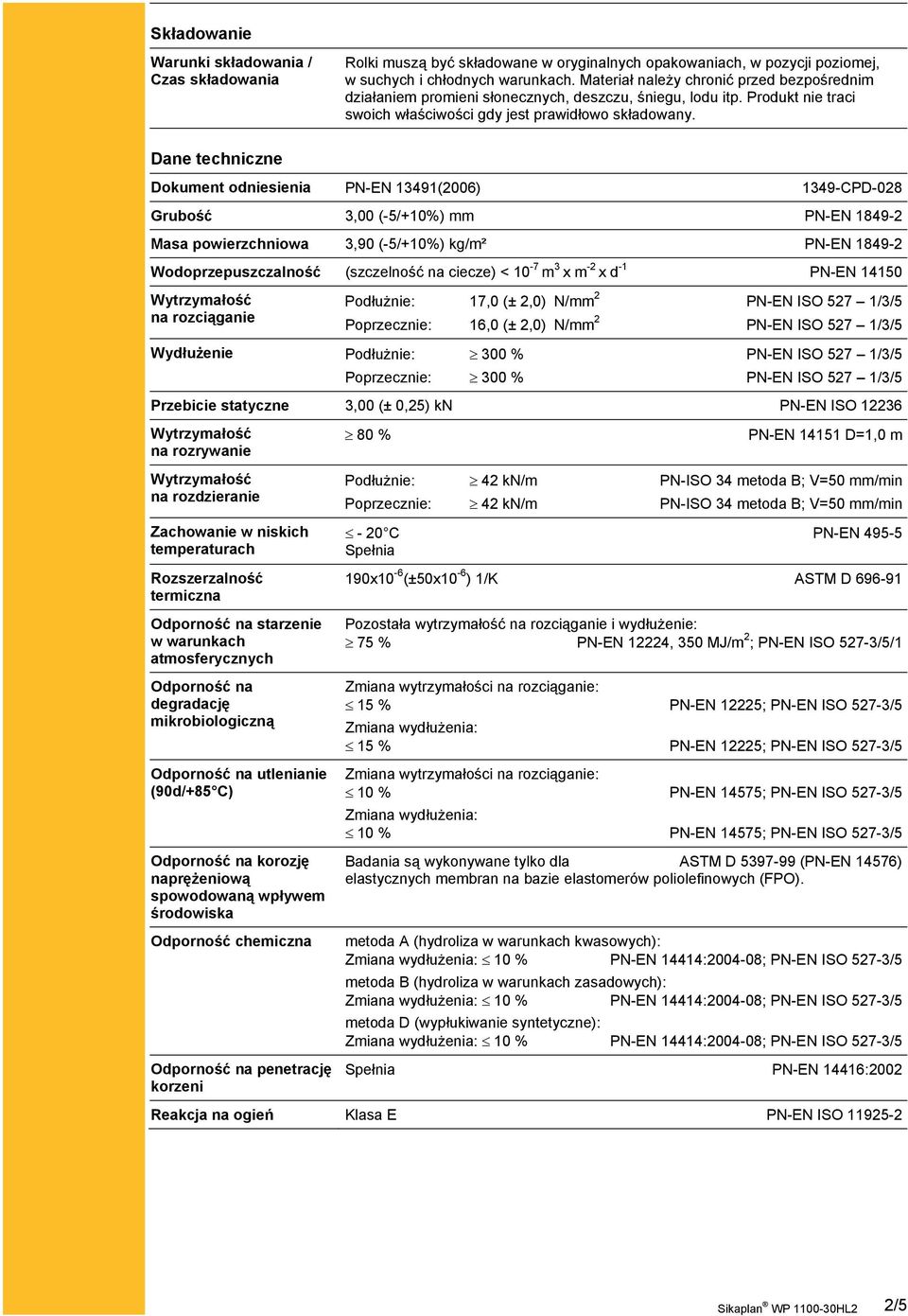 Dane techniczne Dokument odniesienia PN-EN 13491(2006) 1349-CPD-028 Grubość 3,00 (-5/+10%) mm PN-EN 1849-2 Masa powierzchniowa 3,90 (-5/+10%) kg/m² PN-EN 1849-2 Wodoprzepuszczalność (szczelność na