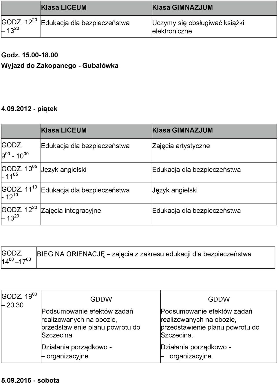 20 Zajęcia integracyjne Edukacja dla bezpieczeństwa 13 20 14 00 17 00 BIEG NA ORIENACJĘ zajęcia z zakresu edukacji dla bezpieczeństwa 19 00 20.