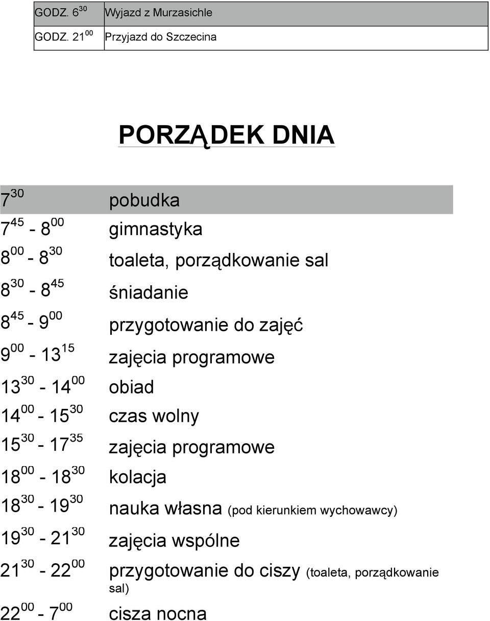 14 00-15 30 czas wolny 15 30-17 35 zajęcia programowe 18 00-18 30 kolacja 18 30-19 30 nauka własna (pod kierunkiem