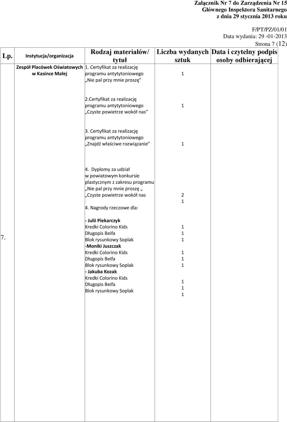 Certyfikat za realizację Nie pal przy mnie proszę F/PT/PZ/0/0 Data wydania: 29-0-20 Strona 7 (2)