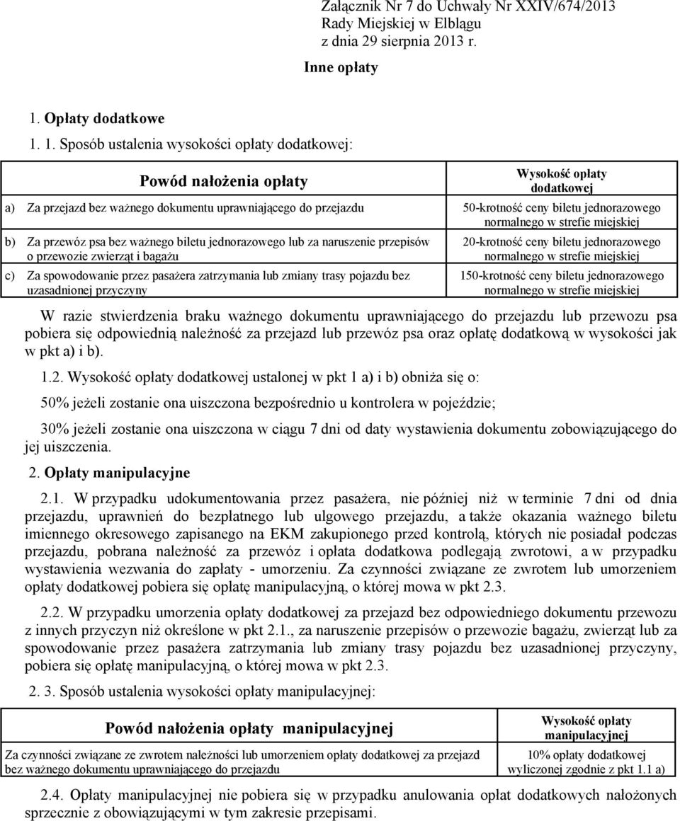 1. Sposób ustalenia wysokości opłaty dodatkowej: Powód nałożenia opłaty Wysokość opłaty dodatkowej a) Za przejazd bez ważnego dokumentu uprawniającego do przejazdu 50-krotność ceny biletu