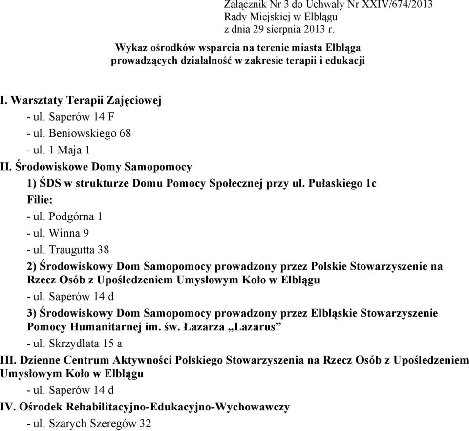 Traugutta 38 2) Środowiskowy Dom Samopomocy prowadzony przez Polskie Stowarzyszenie na Rzecz Osób z Upośledzeniem Umysłowym Koło w Elblągu - ul.