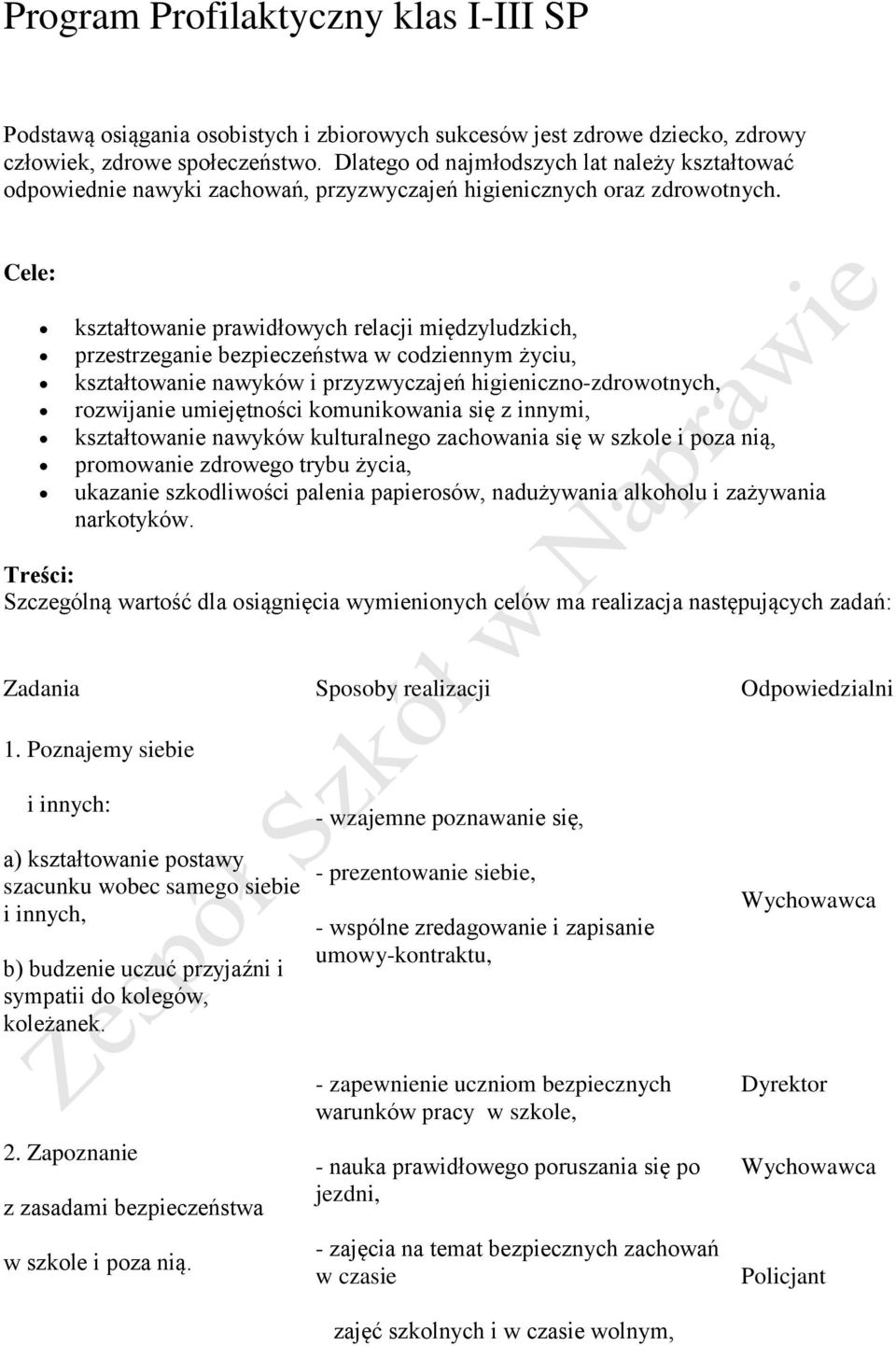 Cele: kształtowanie prawidłowych relacji międzyludzkich, przestrzeganie bezpieczeństwa w codziennym życiu, kształtowanie nawyków i przyzwyczajeń higieniczno-zdrowotnych, rozwijanie umiejętności