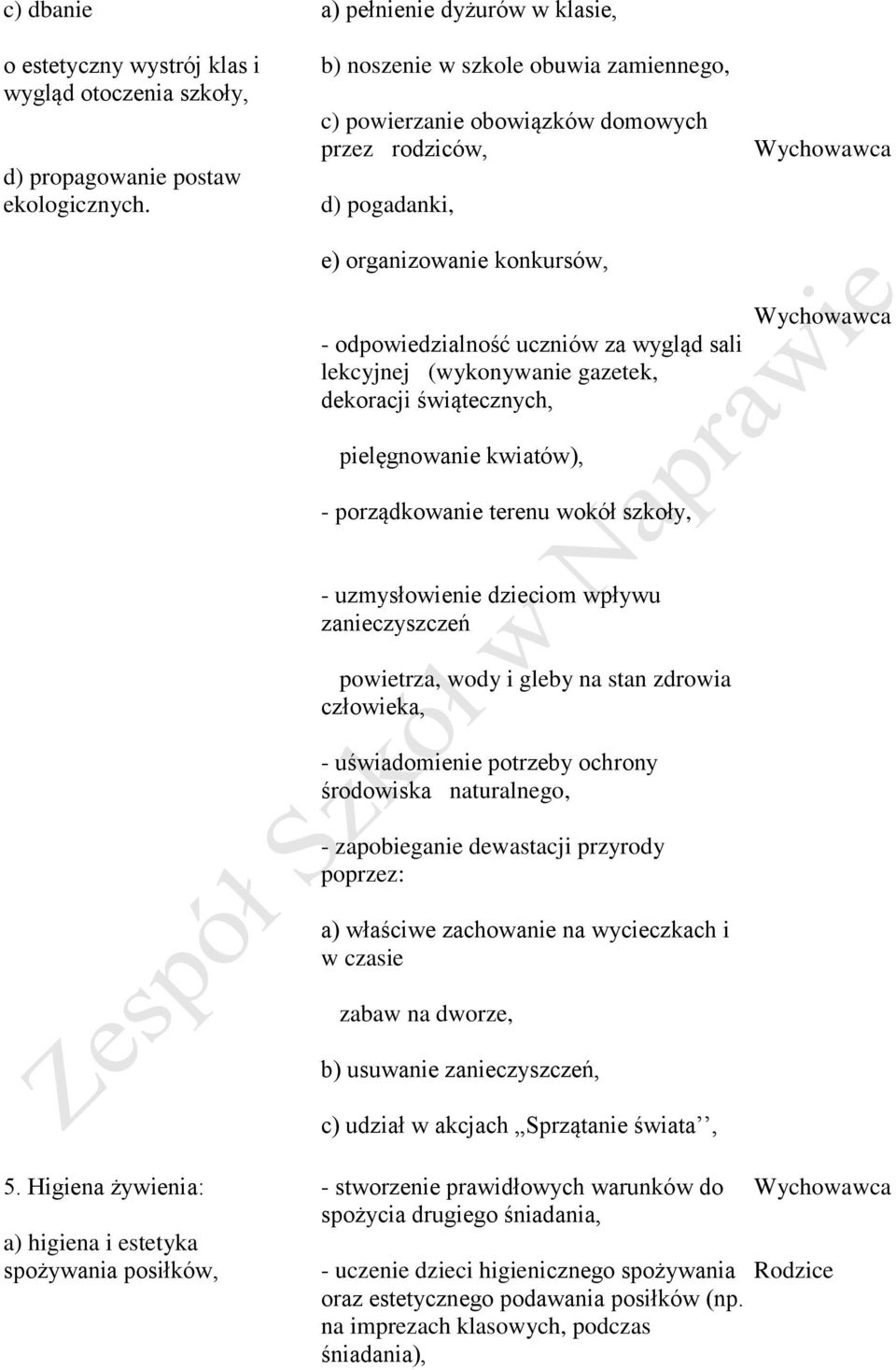 wygląd sali lekcyjnej (wykonywanie gazetek, dekoracji świątecznych, pielęgnowanie kwiatów), - porządkowanie terenu wokół szkoły, - uzmysłowienie dzieciom wpływu zanieczyszczeń powietrza, wody i gleby