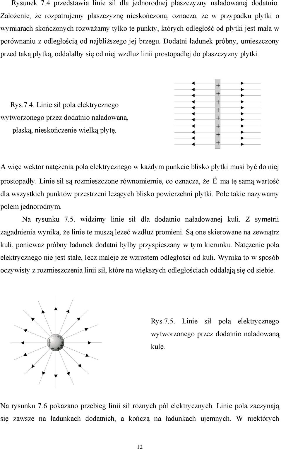 od najbliższego jej brzegu. Dodatni ładunek próbny, umieszczony przed taką płytką, oddalałby się od niej wzdłuż linii prostopadłej do płaszczyzny płytki. Rys.7.4.