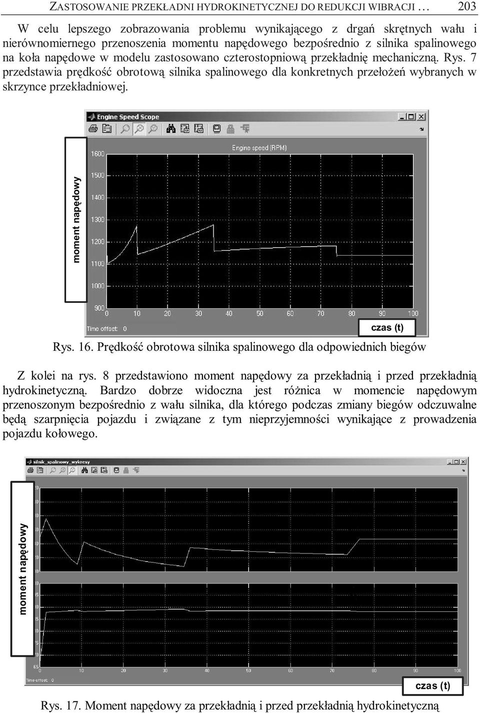 7 przedstawia prędkość obrotową silnika spalinowego dla konkretnych przełożeń wybranych w skrzynce przekładniowej. moment napędowy czas (t) Rys. 16.