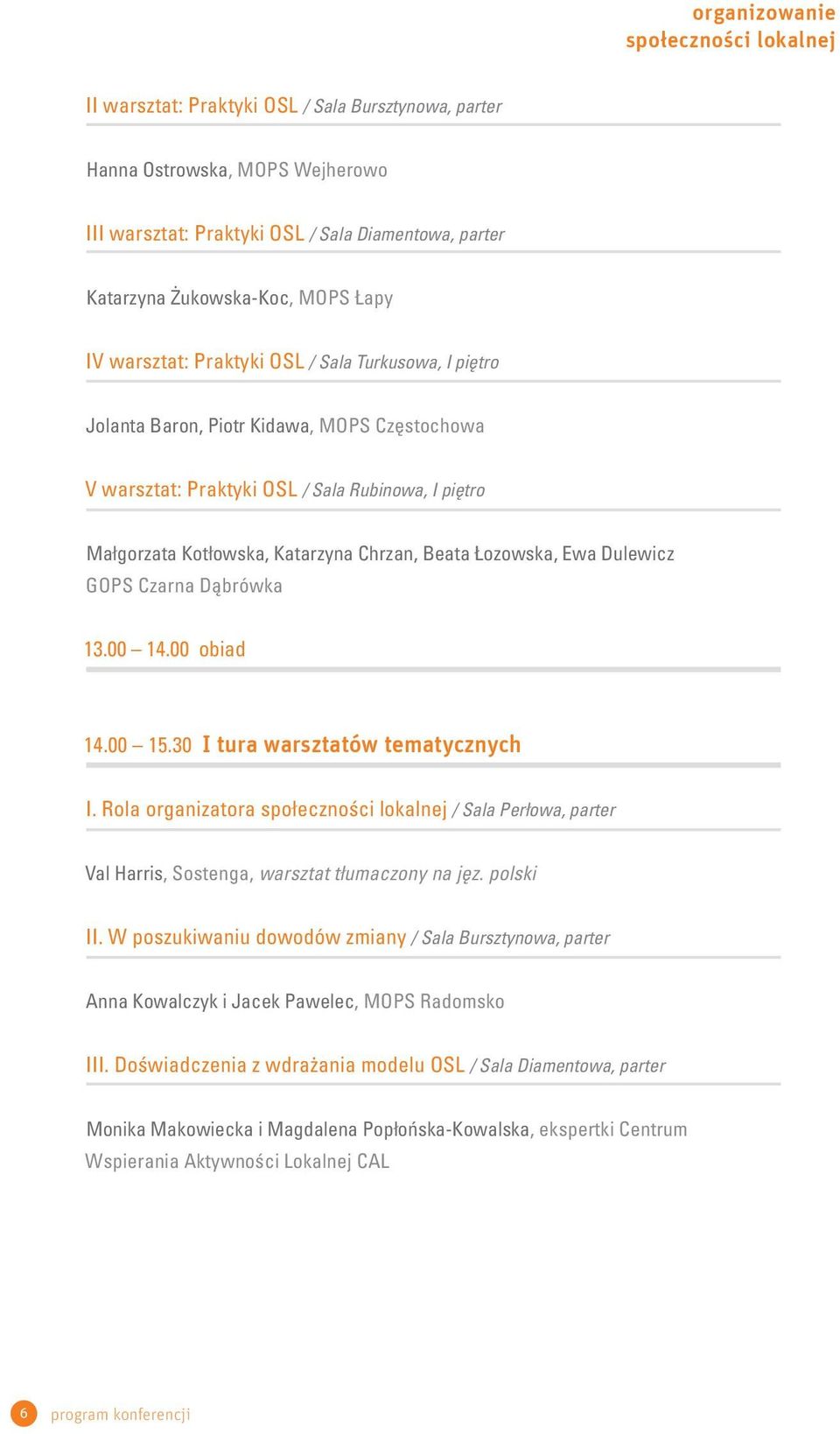 Dulewicz GOPS Czarna Dąbrówka 13.00 14.00 obiad 14.00 15.30 I tura warsztatów tematycznych I. Rola organizatora / Sala Perłowa, parter Val Harris, Sostenga, warsztat tłumaczony na jęz. polski II.