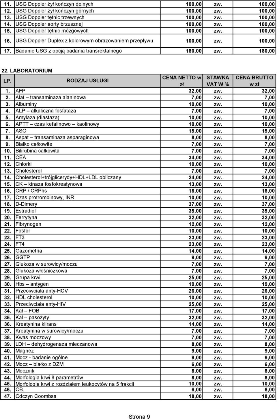 AFP 32,00 32,00 2. Alat transaminaza alaninowa 3. Albuminy 4. ALP alkaliczna fosfataza 5. Amylaza (diastaza) 6. APTT czas kefalinowo kaolinowy 7. ASO 8. Aspat transaminaza asparaginowa 8,00 8,00 9.