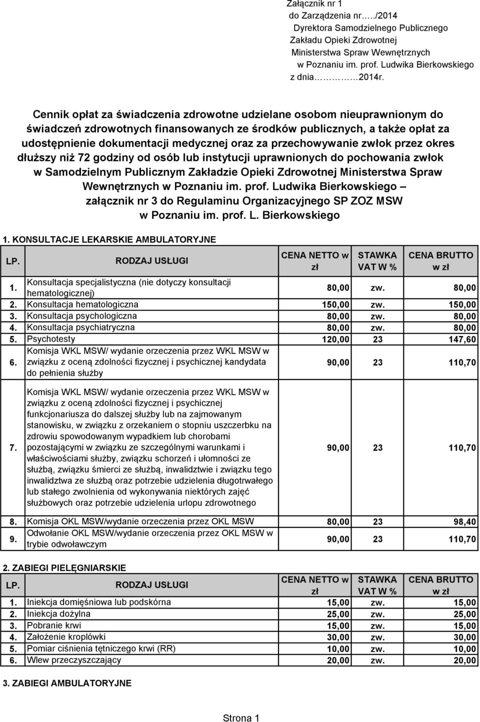 KONSULTACJE LEKARSKIE AMBULATORYJNE Cennik opłat za świadczenia zdrowotne udzielane osobom nieuprawnionym do świadczeń zdrowotnych finansowanych ze środków publicznych, a także opłat za udostępnienie