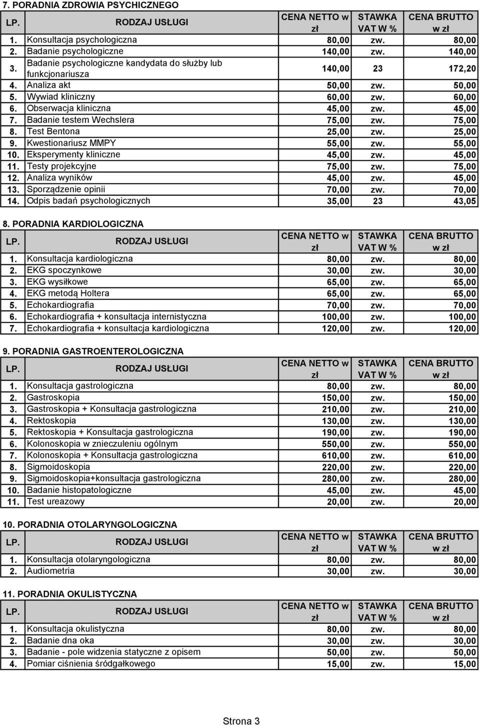 Testy projekcyjne 75,00 75,00 12. Analiza wyników 13. Sporządzenie opinii 70,00 70,00 14. Odpis badań psychologicznych 35,00 23 43,05 8. PORADNIA KARDIOLOGICZNA 1. Konsultacja kardiologiczna 2.