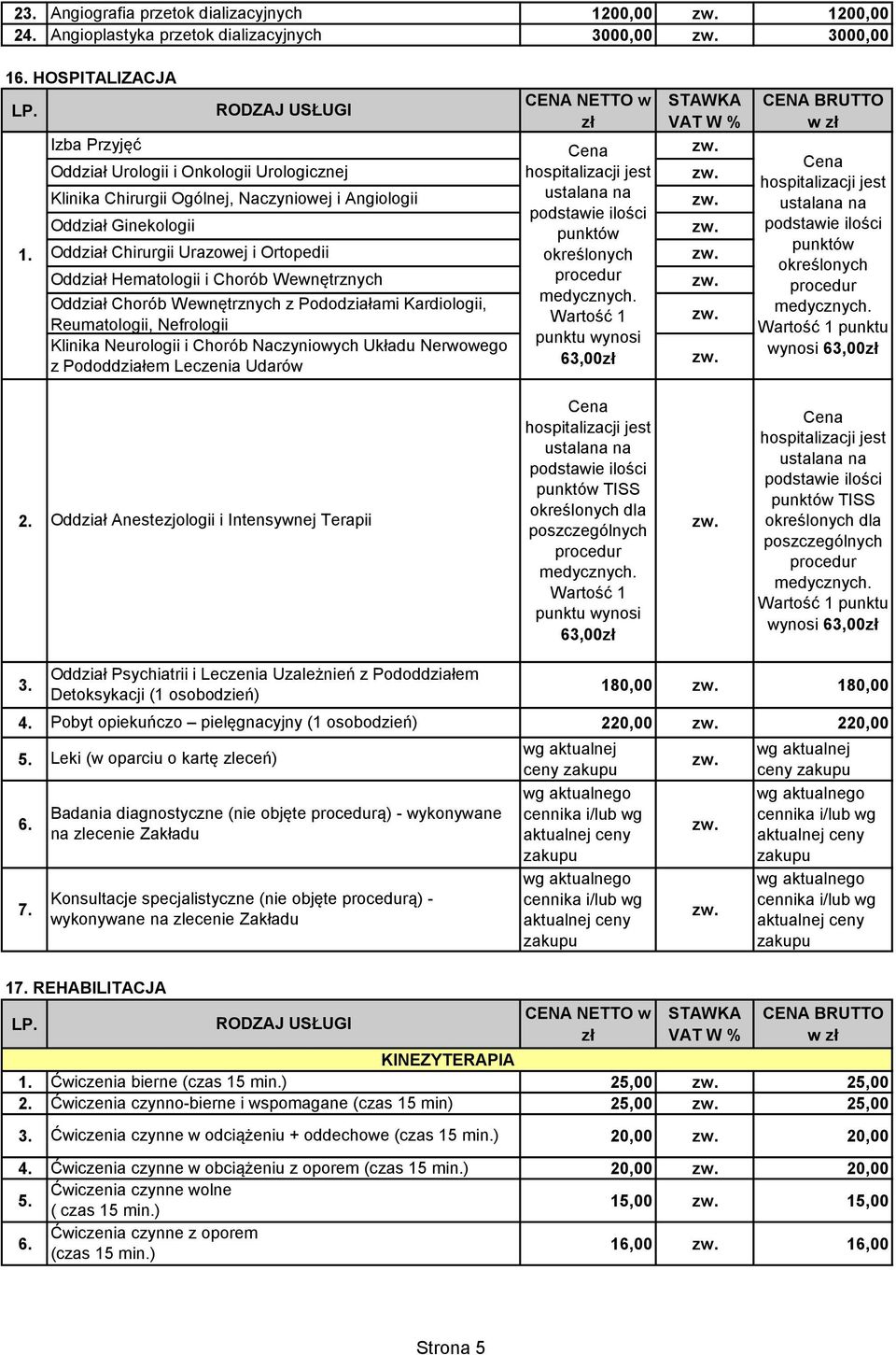 Wewnętrznych Oddział Chorób Wewnętrznych z Pododziałami Kardiologii, Reumatologii, Nefrologii Klinika Neurologii i Chorób Naczyniowych Układu Nerwowego z Pododdziałem Leczenia Udarów CENA NETTO w zł