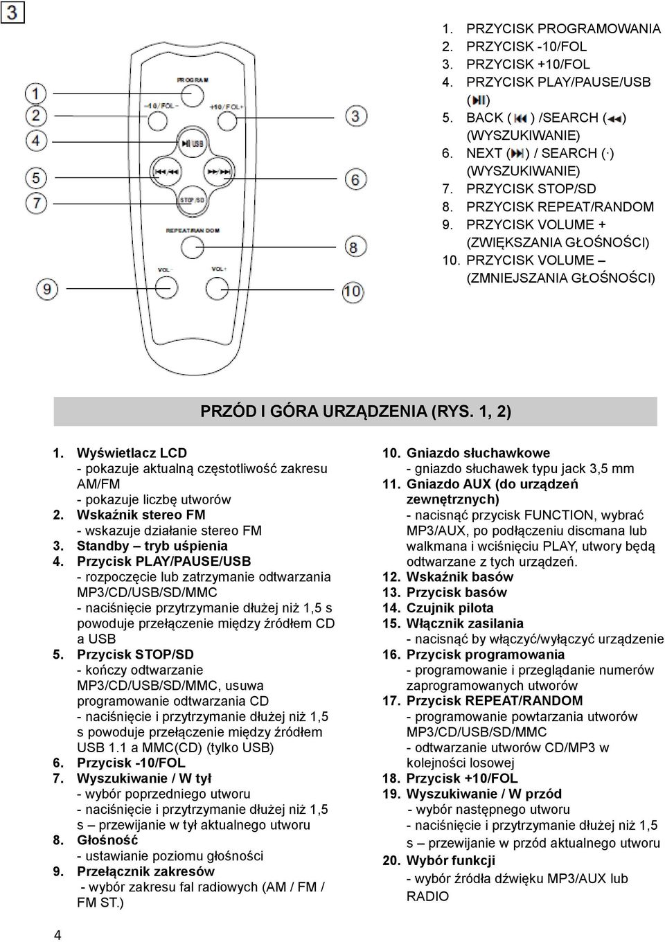 Wyświetlacz LCD - pokazuje aktualną częstotliwość zakresu AM/FM - pokazuje liczbę utworów 2. Wskaźnik stereo FM - wskazuje działanie stereo FM 3. Standby tryb uśpienia 4.