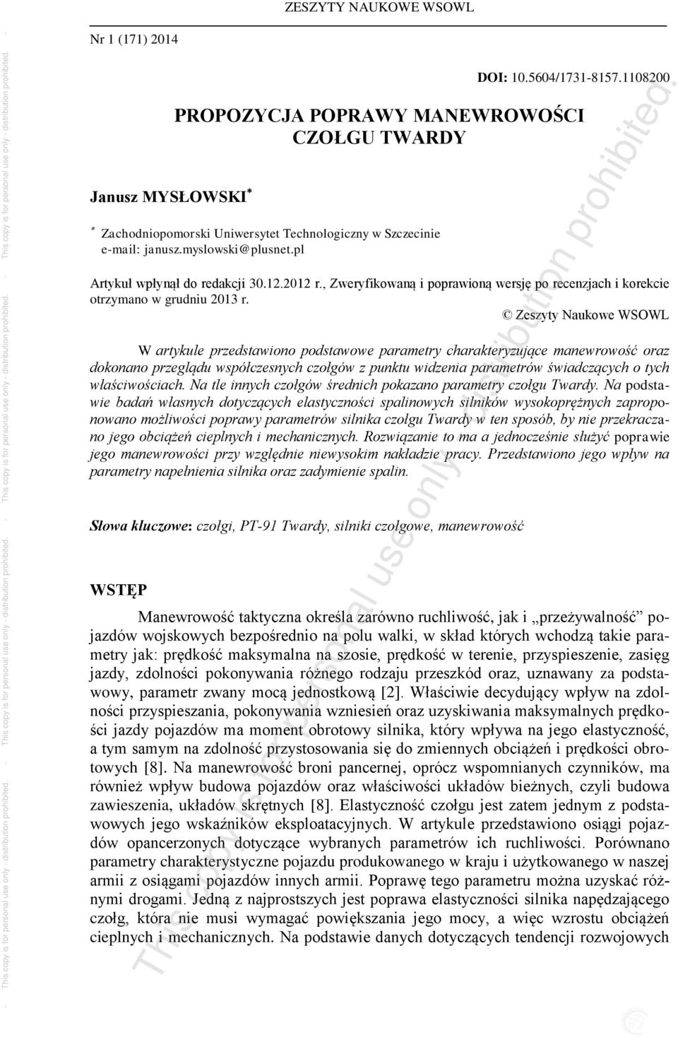 , Zweryfikowaną i poprawioną wersję po recenzjach i korekcie otrzymano w grudniu 2013 r.