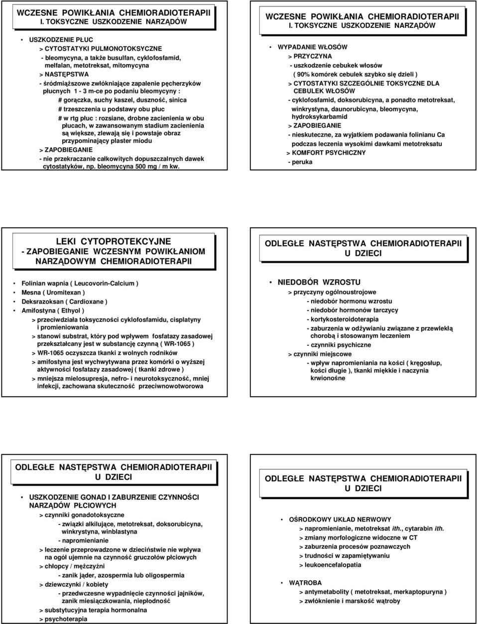 większe, zlewają się i powstaje obraz przypominający plaster miodu - nie przekraczanie całkowitych dopuszczalnych dawek cytostatyków, np. bleomycyna 500 mg / m kw.