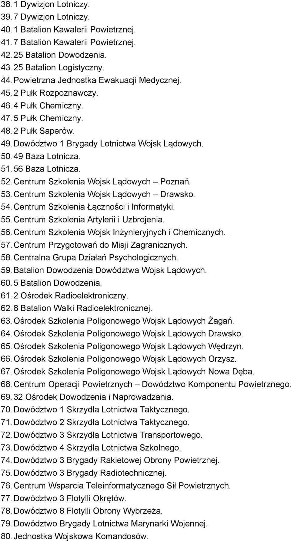 49 Baza Lotnicza. 51. 56 Baza Lotnicza. 52. Centrum Szkolenia Wojsk Lądowych Poznań. 53. Centrum Szkolenia Wojsk Lądowych Drawsko. 54. Centrum Szkolenia Łączności i Informatyki. 55.