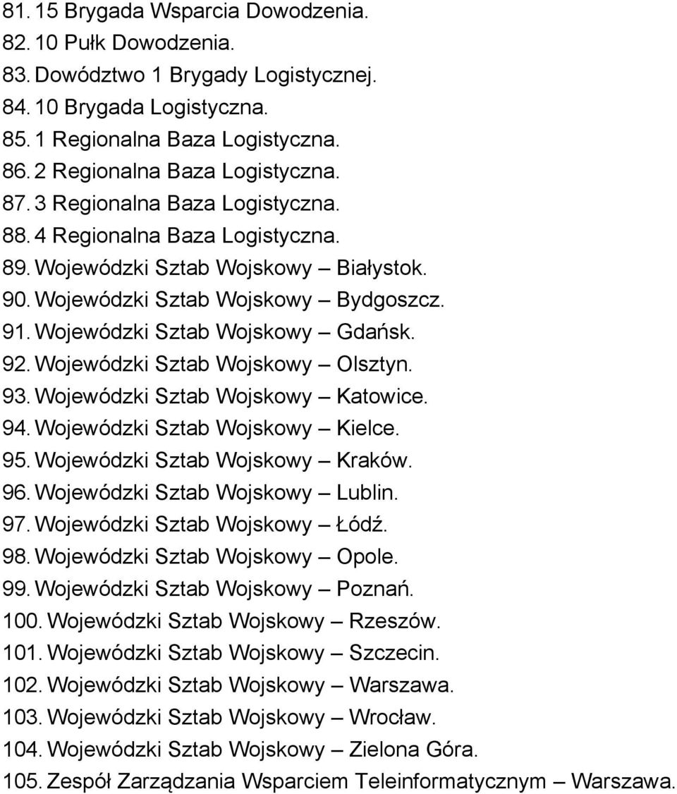 Wojewódzki Sztab Wojskowy Olsztyn. 93. Wojewódzki Sztab Wojskowy Katowice. 94. Wojewódzki Sztab Wojskowy Kielce. 95. Wojewódzki Sztab Wojskowy Kraków. 96. Wojewódzki Sztab Wojskowy Lublin. 97.