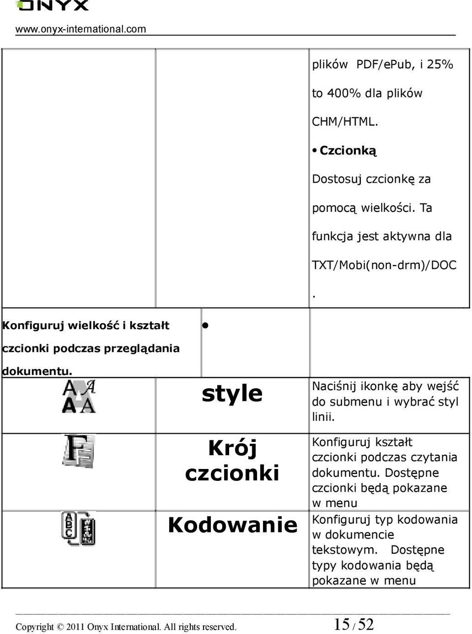 style Naciśnij ikonkę aby wejść do submenu i wybrać styl linii. Krój czcionki Kodowanie Konfiguruj kształt czcionki podczas czytania dokumentu.