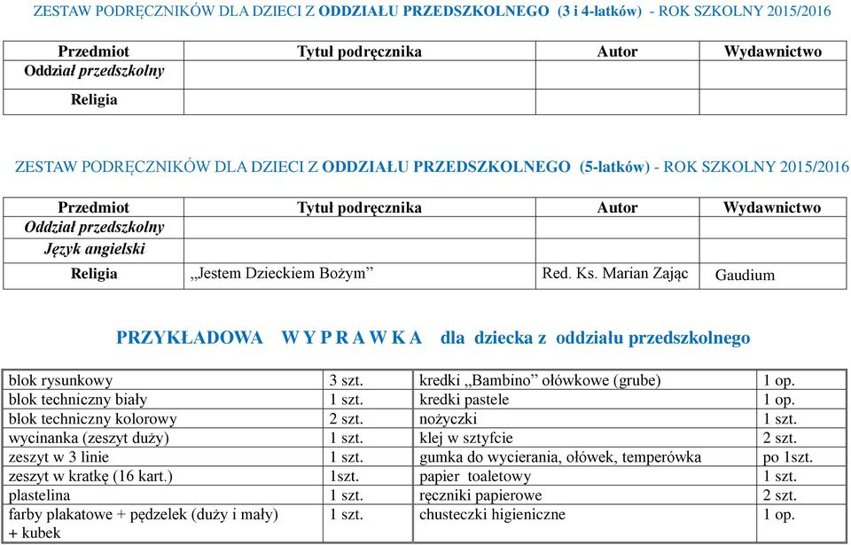 kredki Bambino ołówkowe (grube) 1 op. blok techniczny biały 1 szt. kredki pastele 1 op. blok techniczny kolorowy 2 szt. nożyczki 1 szt. wycinanka (zeszyt duży) 1 szt. klej w sztyfcie 2 szt.