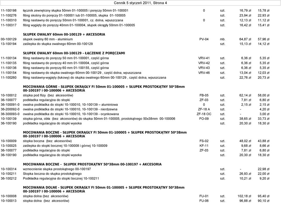 12,13 zł 11,12 zł 11-100317 fiting wygięty do poręczy 40mm 01-100004, słupek okrągły 50mm 01-100005 szt.