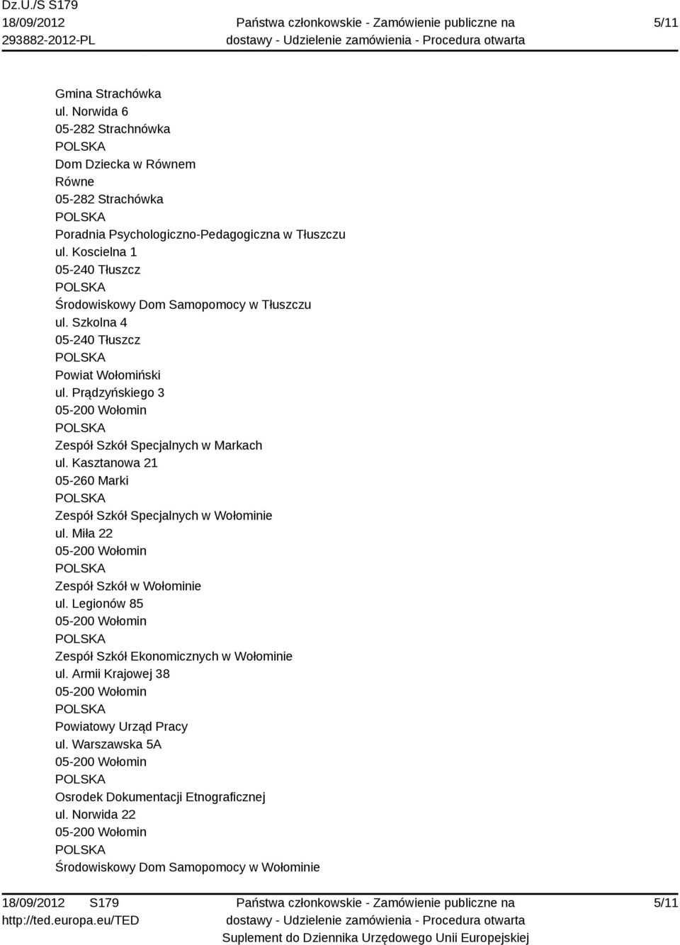 Prądzyńskiego 3 Zespół Szkół Specjalnych w Markach ul. Kasztanowa 21 05-260 Marki Zespół Szkół Specjalnych w Wołominie ul. Miła 22 Zespół Szkół w Wołominie ul.