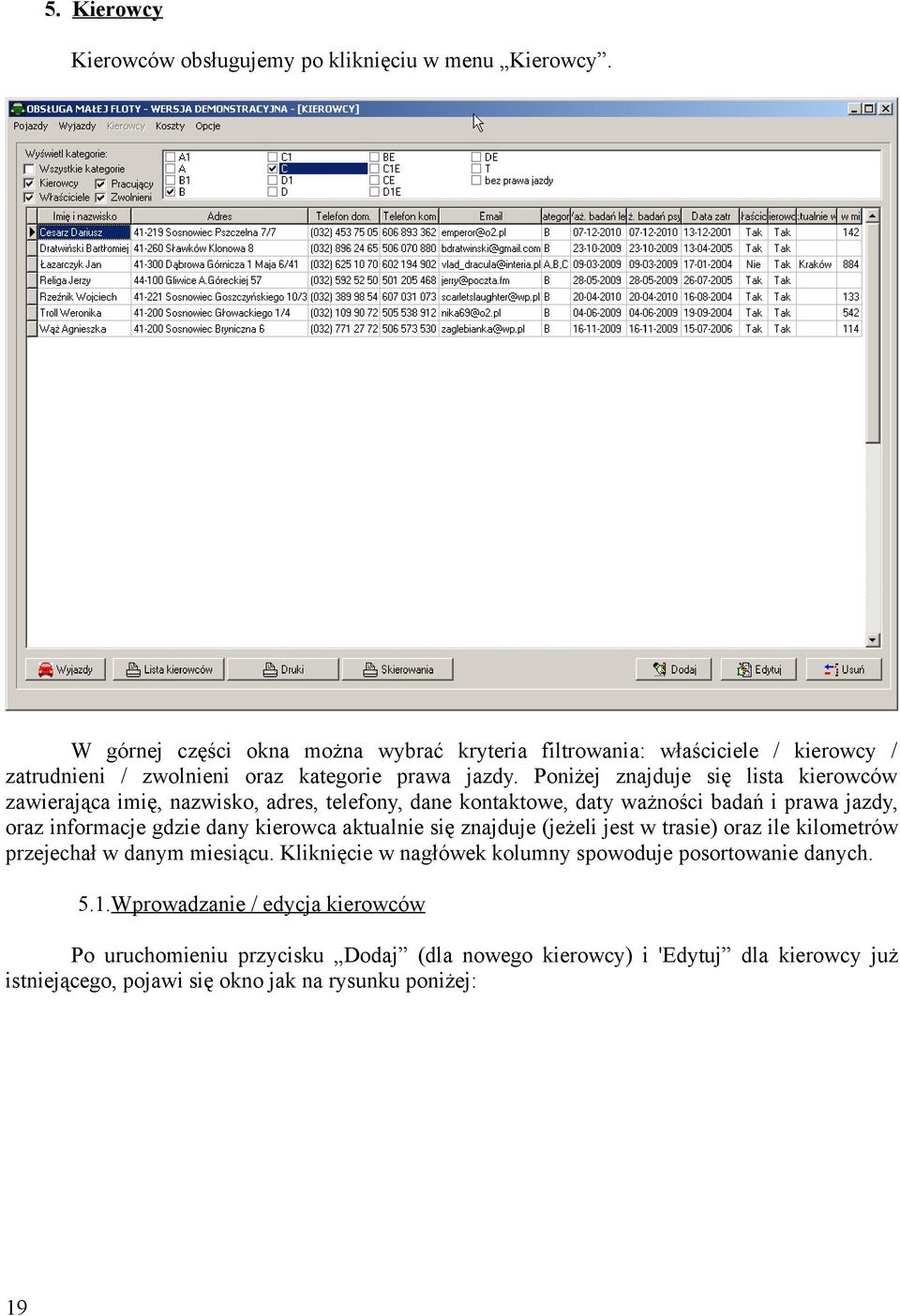 Poniżej znajduje się lista kierowców zawierająca imię, nazwisko, adres, telefony, dane kontaktowe, daty ważności badań i prawa jazdy, oraz informacje gdzie dany kierowca
