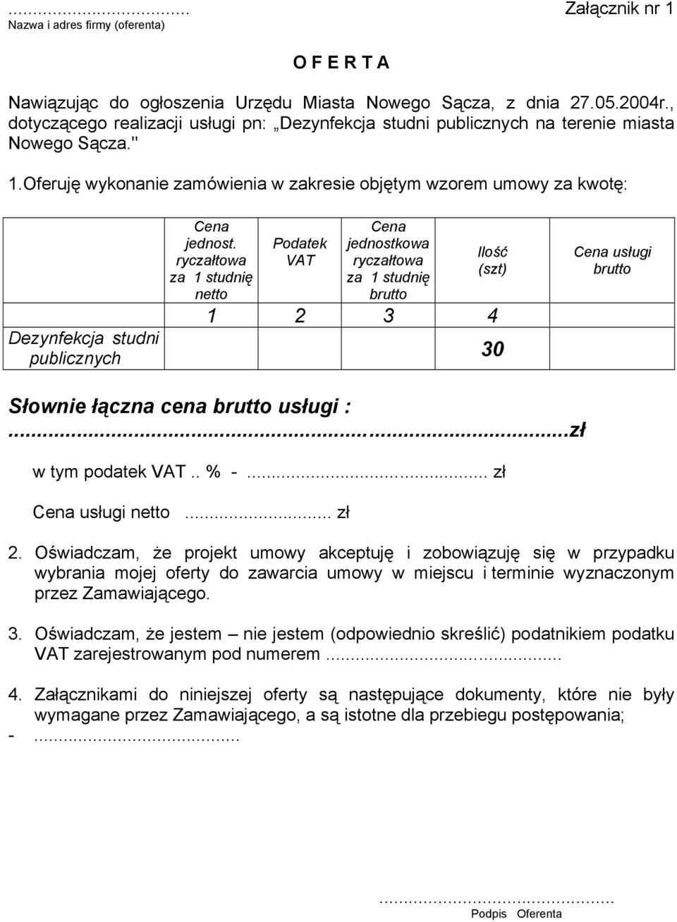 Oferuję wykonanie zamówienia w zakresie objętym wzorem umowy za kwotę: Dezynfekcja studni publicznych Cena jednost.