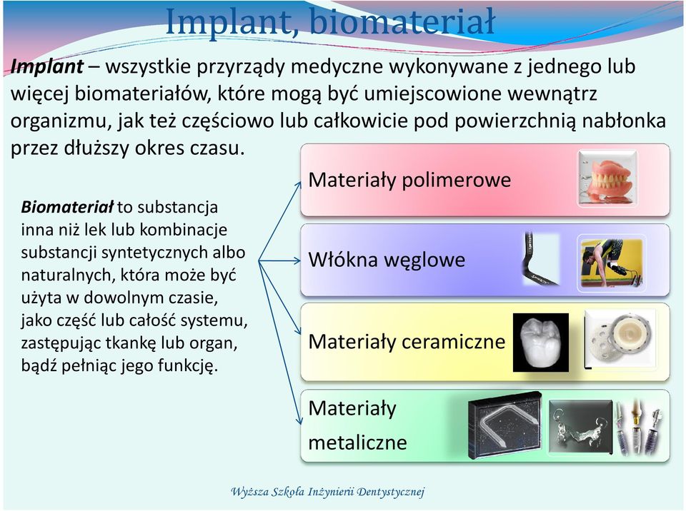 Materiały polimerowe Biomateriał to substancja inna niż lek lub kombinacje substancji syntetycznych albo naturalnych, która może