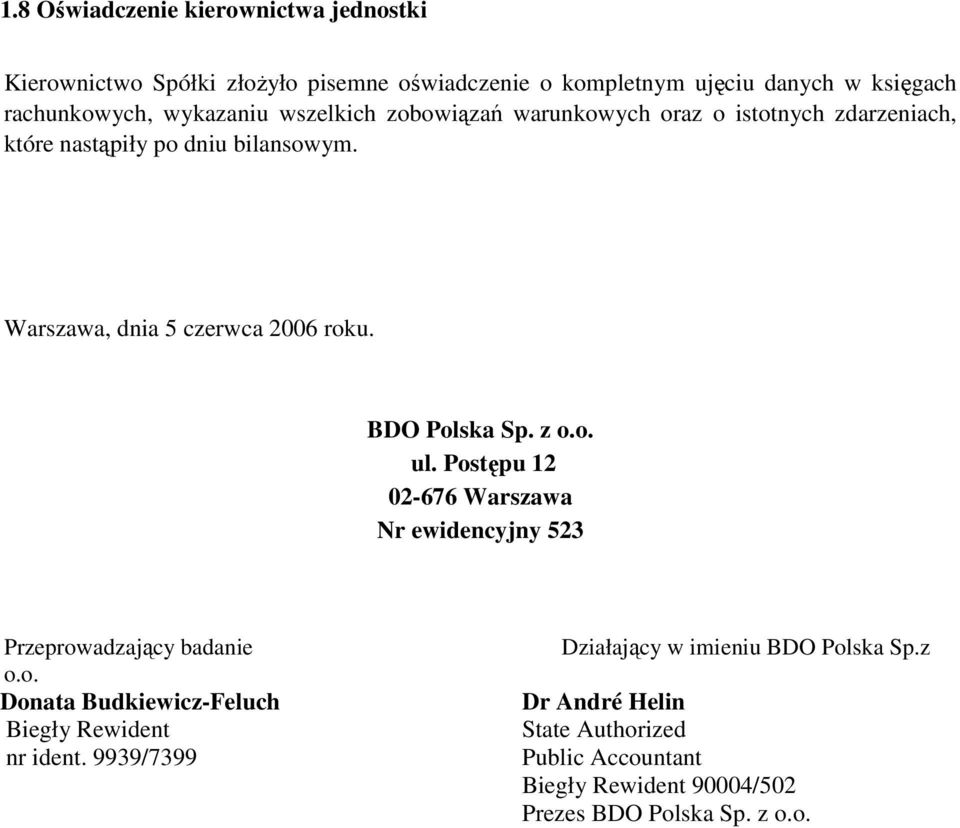 BDO Polska Sp. z o.o. ul. Postępu 12 02-676 Warszawa Nr ewidencyjny 523 Przeprowadzający badanie o.o. Donata Budkiewicz-Feluch Biegły Rewident nr ident.